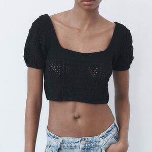 Zara Black Knit Crochet Short Sleeve Square Neck Crop Top